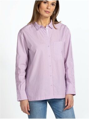 Johnny Was Giana Relaxed Pocket Cotton Vertical Pinstripe Button Down Shirt